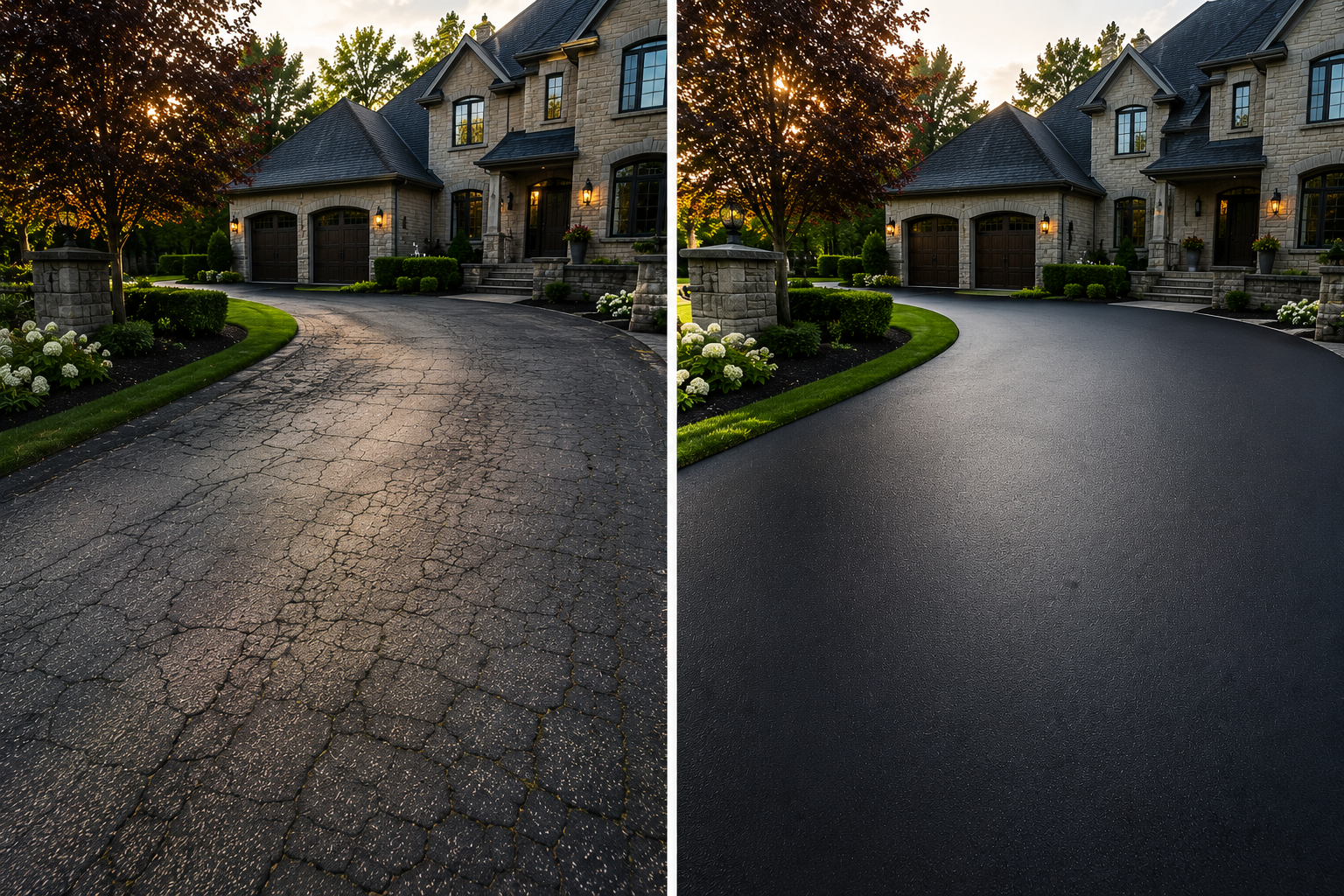 Curved Driveway before and after sealcoating